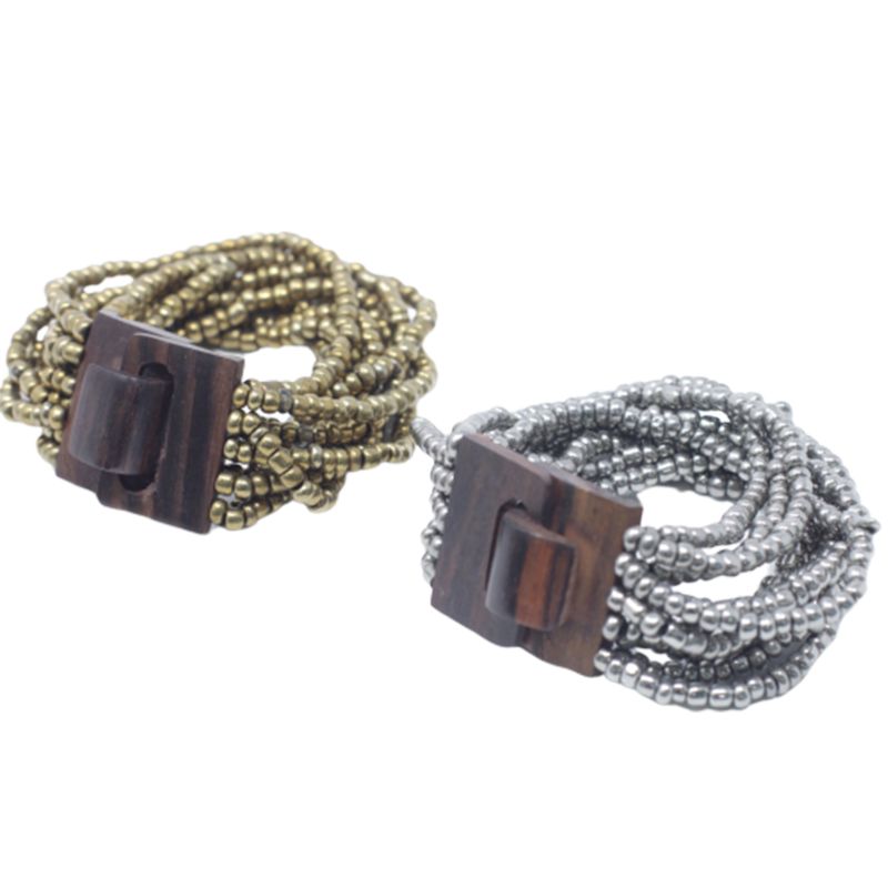 Brazalete de Cuentas Múltiples Cierre de Madera - Surtido de Oro/Bronce