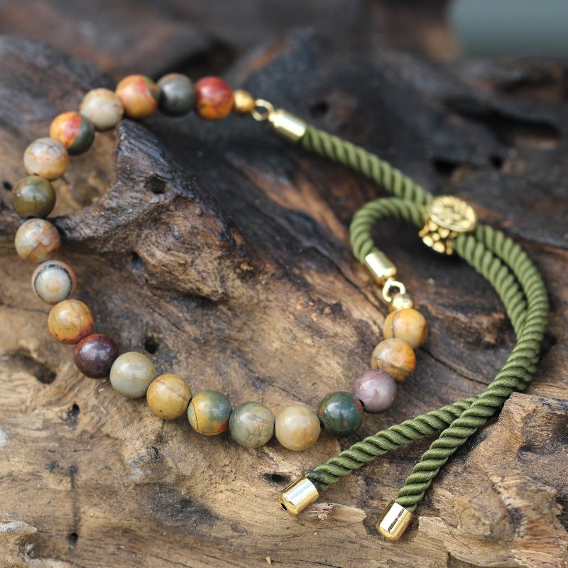 Pulsera de hilo verde con Jásper multicolor