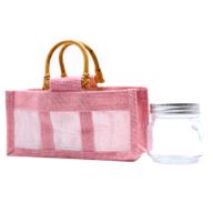 Bolsa de regalo de yute puro y algodón con ventana - 3 Ventanas en Rosa