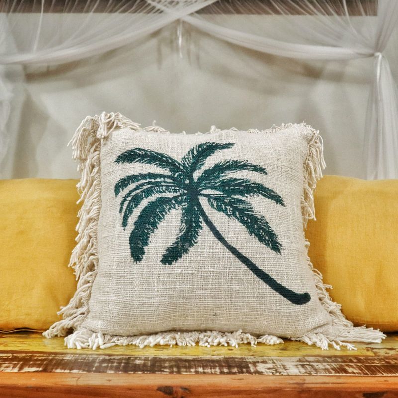 Funda de Cojín de Lino 45x45 Palmera con Flecos