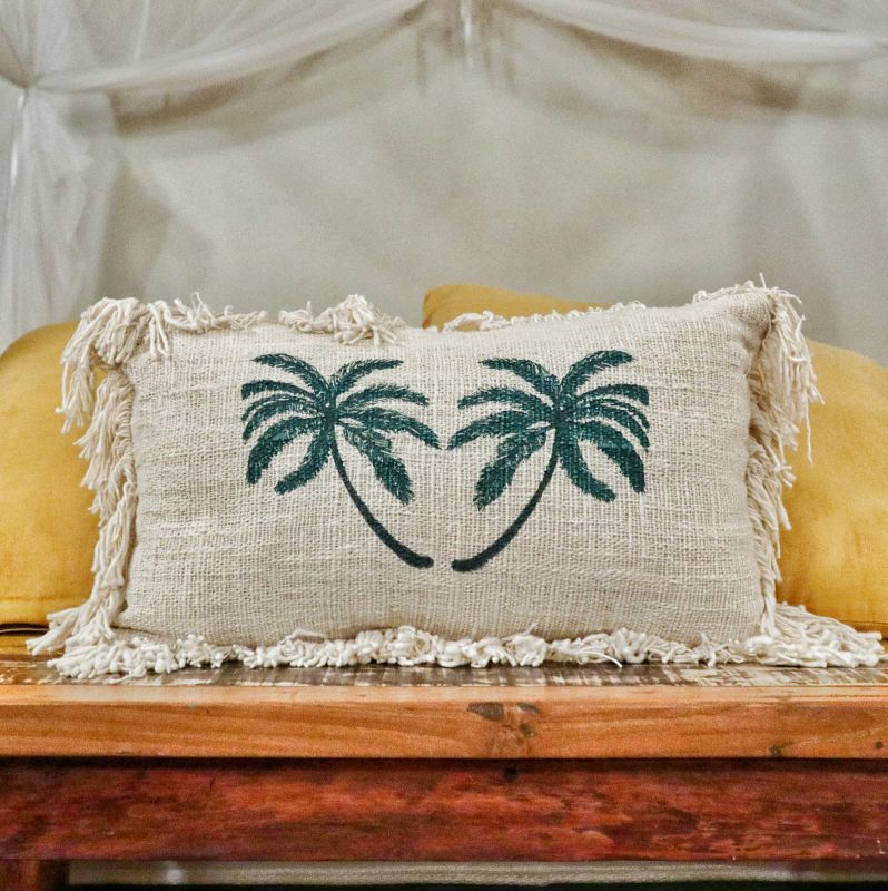 Funda de Cojín de Lino 30x50 Palmera con Flecos