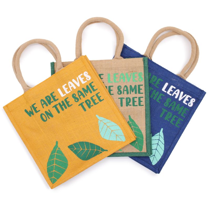 bolsa de yute estampada - Somos hojas - Amarillo, Azul y Natural
