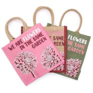 bolsa de yute estampada - Somos flores - Oliva, Rosa y Natural