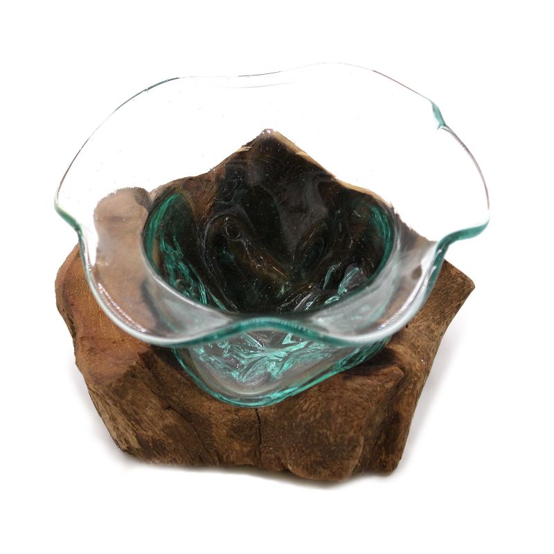 Cuenco de cristal fundido para dulces en madera