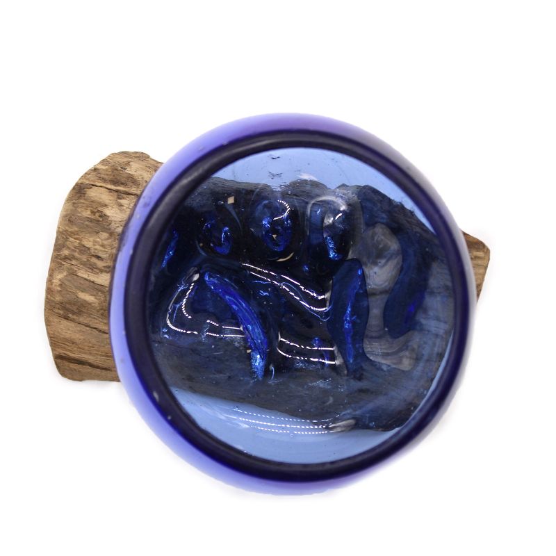 Mini Tazón Azul de Vidrio Fundido sobre Madera