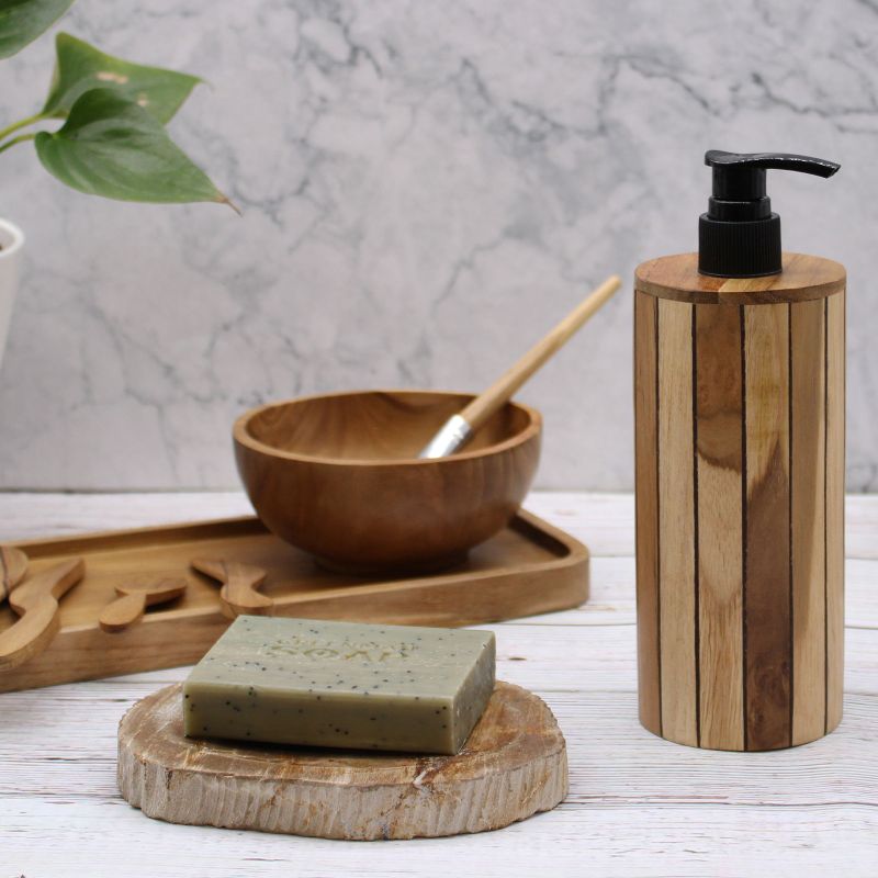Dispensador de jabón de madera de teca natural - Redondo