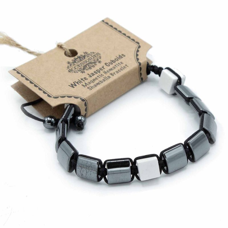 Pulsera Magnética Shamballa de Hematita - Cuboides Jaspe Blanco
