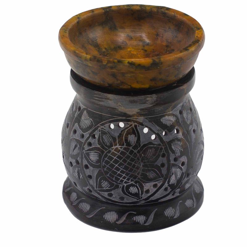 Quemador de aceite de esteatita 10 cm - Flor de mandala - Negro y amarillo
