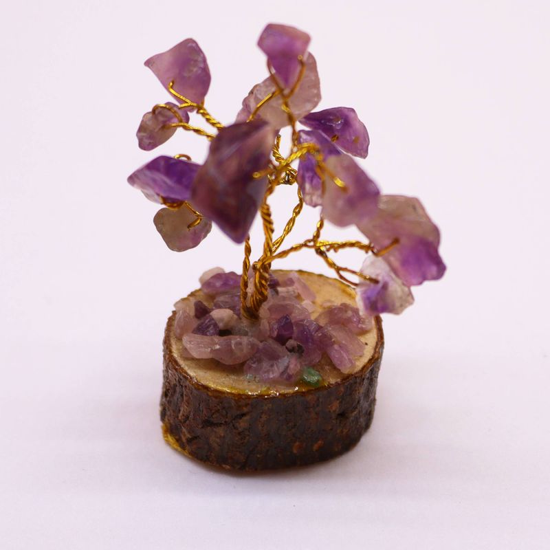 Mini árbol de piedras preciosas sobre base de madera - Amatista (15 piedras)