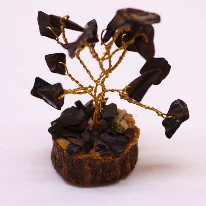 Mini árbol de piedras preciosas sobre base de madera - Ágata negra (15 piedras)