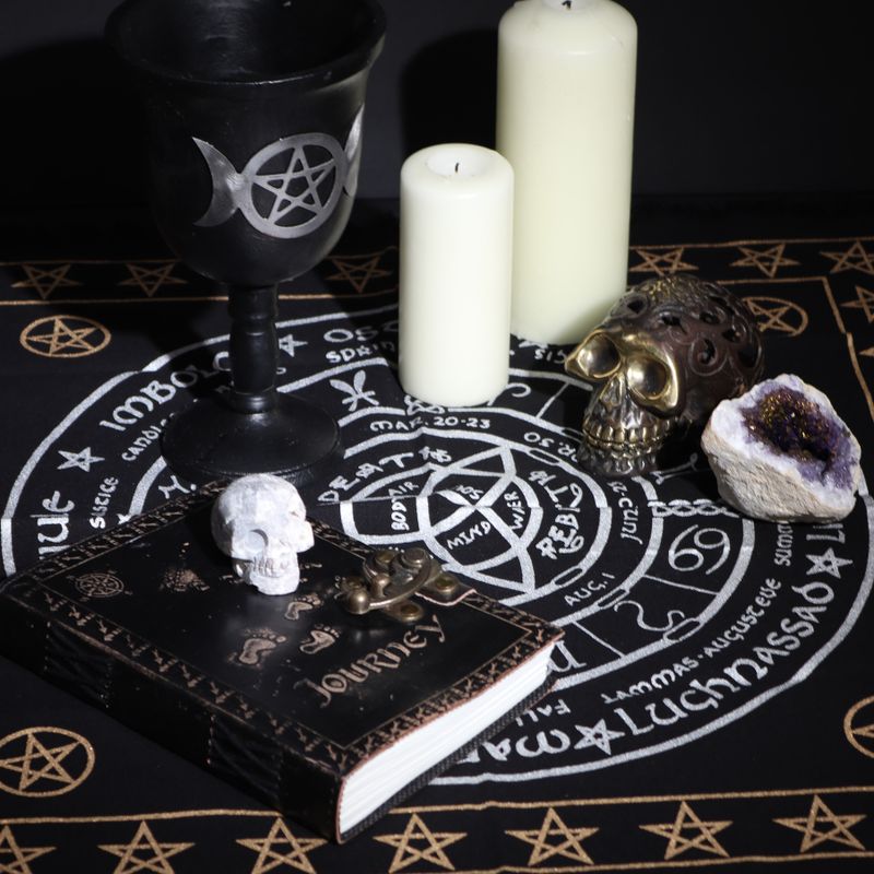 Mantel de altar esotérico con flecos - Vida Muerte Renacimiento