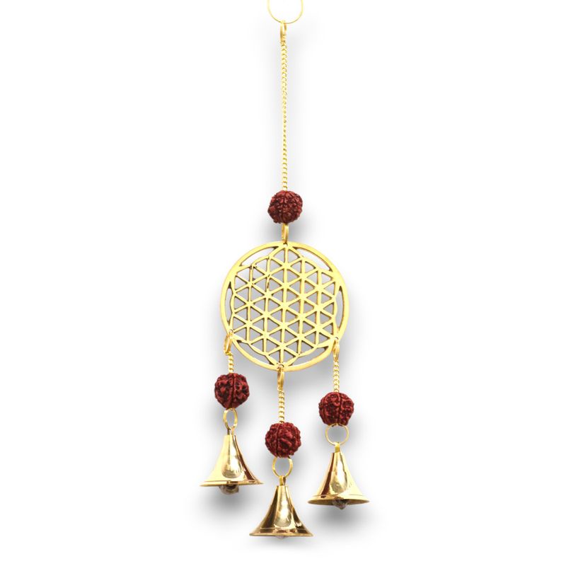 Campanas Indias - Flor de la Vida de Latón con Cuentas de Rudraksha - 3 Campanas - 6x27cm
