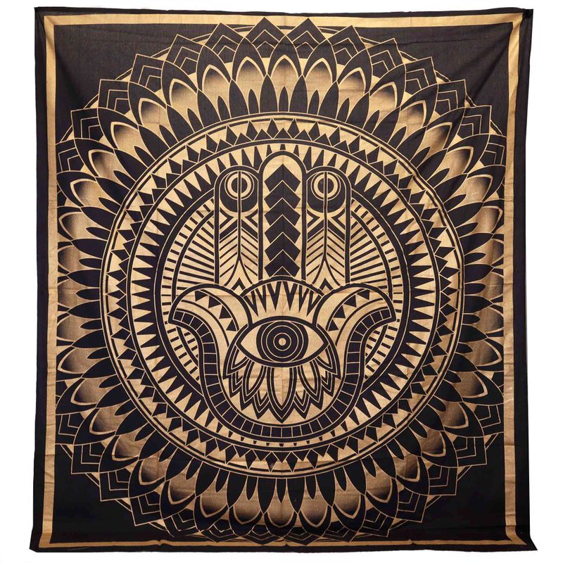 Colcha Doble de Algodón + Colgante de Pared - Hamsa - Negro Oro