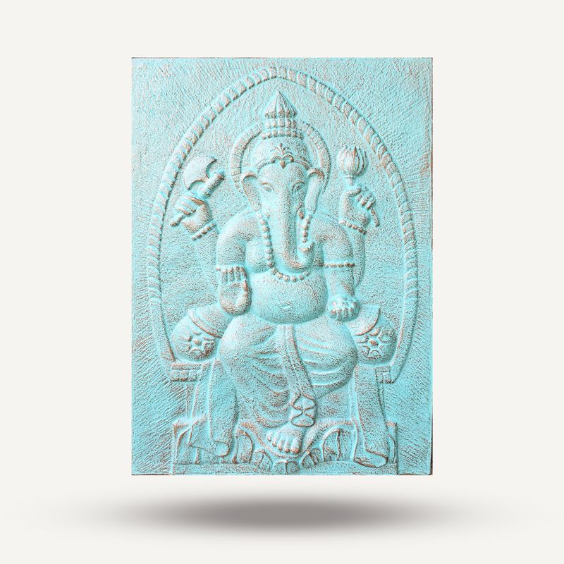 Gran Ganpati Marco de cemento fibrótico Turquesa Relieve - 0.7x1m
