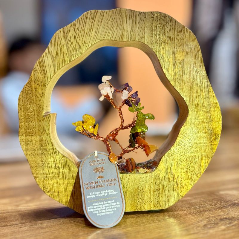 Jardín del Árbol de Piedras Preciosas - Anillo de Madera de Mango - Siete Chakras - 60 Piedras en Chips