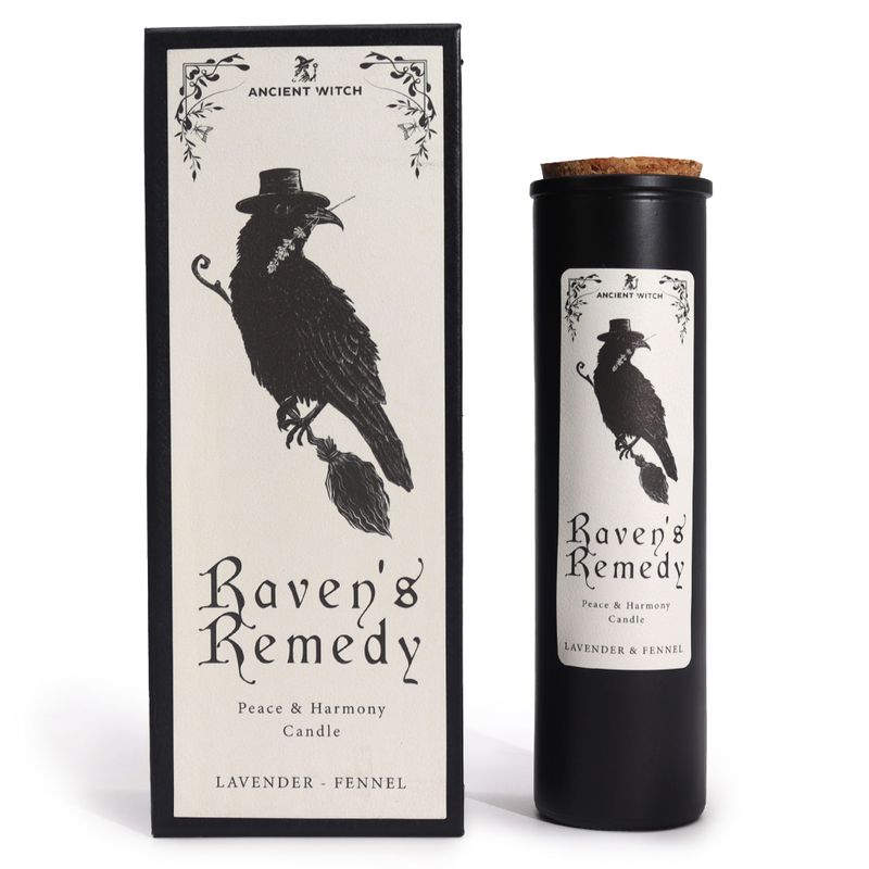 Raven's Remedy vela ritual de bruja antigua y caja de regalo a juego, vista frontal