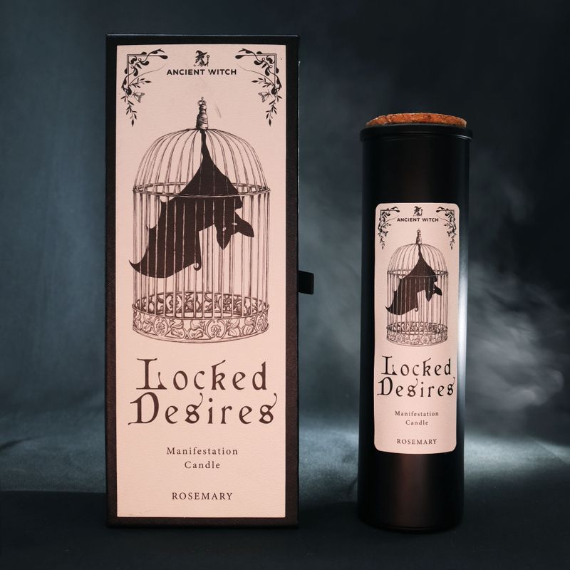 Vela ritual Locked Desires exhibida con su empaque ilustrado