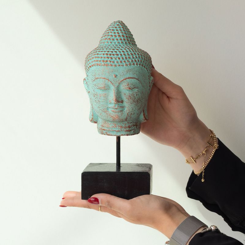 Cabeza de Buda en Reposo sobre Soporte - Cobre Verde