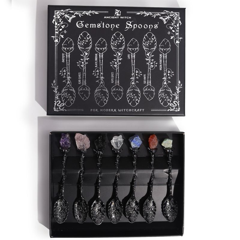 Juego de 7 Cucharas de Bruja de Cristal de Piedra Preciosa de Plata Oscura