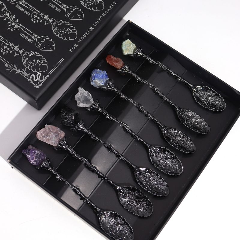 Juego de 7 Cucharas de Bruja de Cristal de Piedra Preciosa de Plata Oscura
