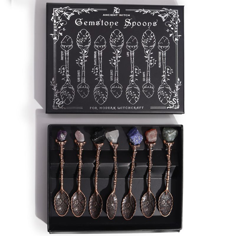 Set de 7 Cucharas de Bruja de Cristal con Piedra Preciosa de Bronce
