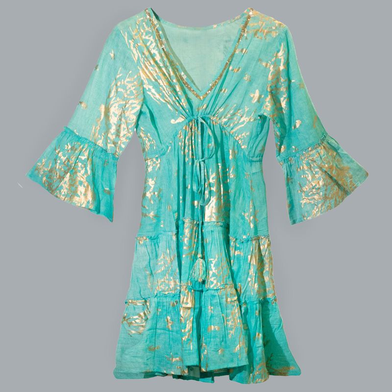 Nomad Sari En el Mediterráneo Turquesa y Dorado Estampado de Coral Vestido (M/L)