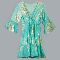 Nomad Sari En el Mediterráneo Turquesa y Dorado Estampado de Coral Vestido (M/L)