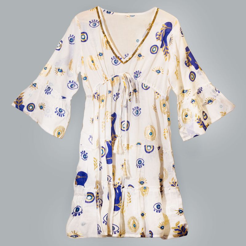 Vestido Nomad Sari Ojo Maligno – Blanco, Azul y Oro – Talla M/L