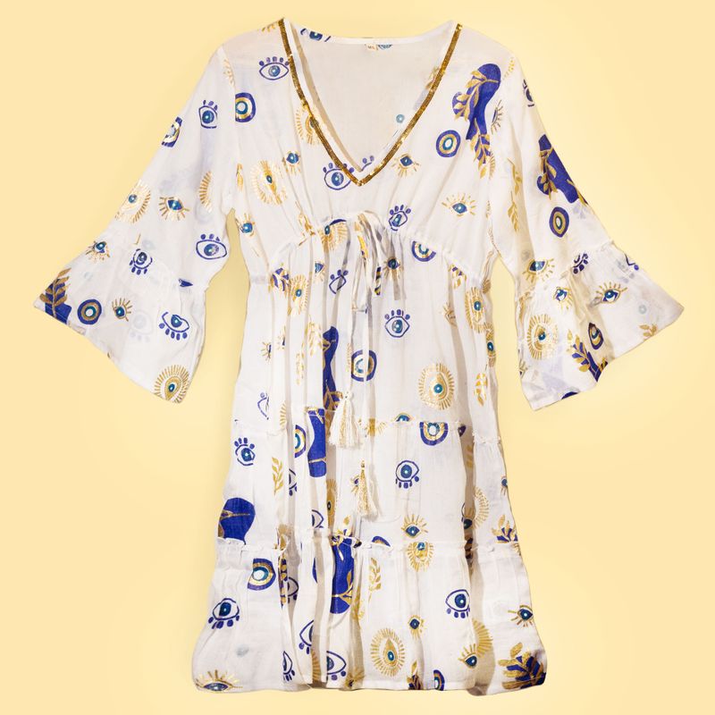 Vestido Nomad Sari Ojo Maligno – Blanco, Azul y Oro – Talla M/L