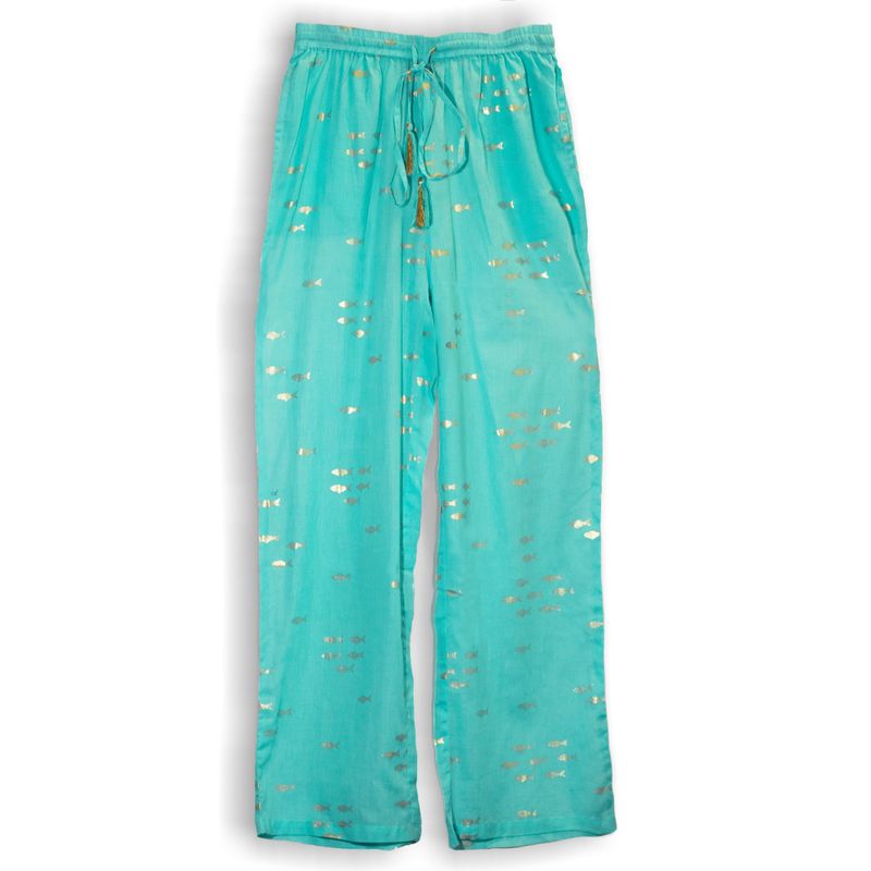 (ML) Colección Nómada Sari Mediterráneo - Pantalones - Diseño de Peces en Turquesa y Oro