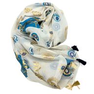 Colección Nómada Sari Mediterráneo - Pareo - Diseño del Ojo Maligno en Blanco, Azul y Oro