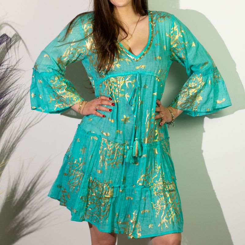 Nomad Sari En el Mediterráneo Turquesa y Dorado Estampado de Coral Vestido (M/L)
