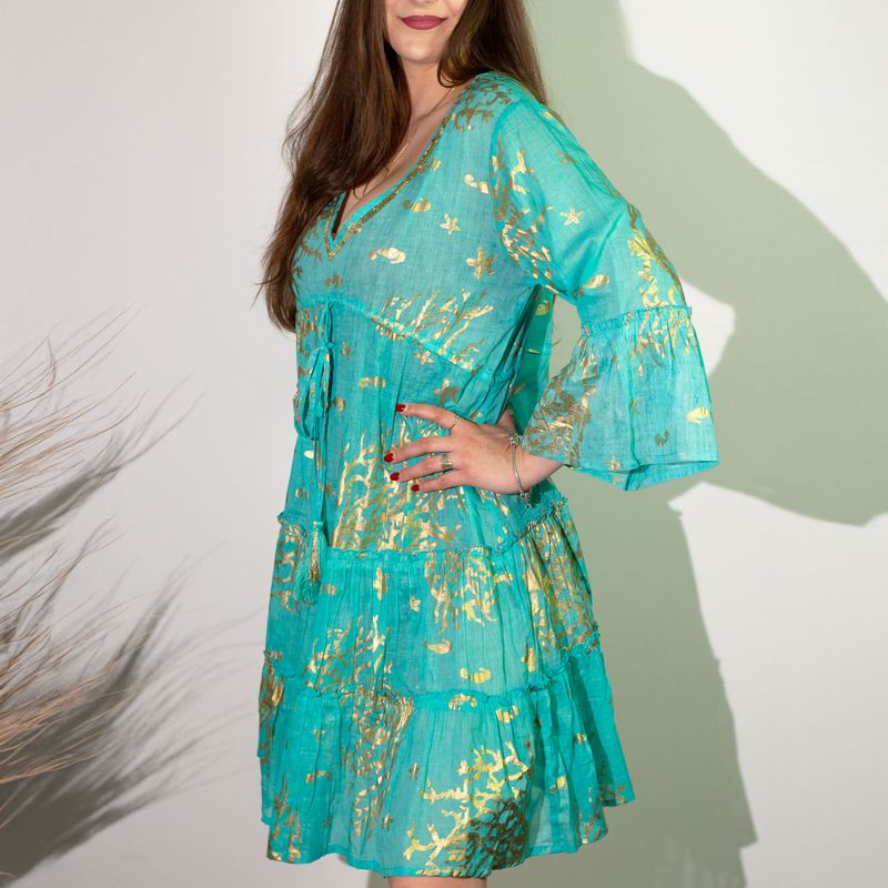 Nomad Sari En el Mediterráneo Turquesa y Dorado Estampado de Coral Vestido (M/L)