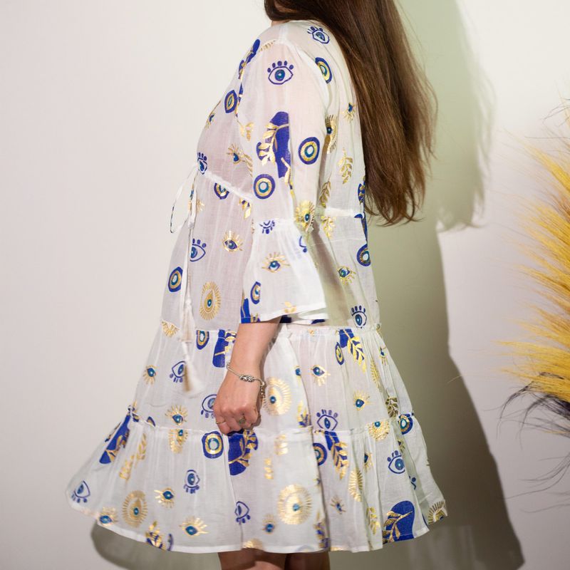 Vestido Nomad Sari Ojo Maligno – Blanco, Azul y Oro – Talla M/L