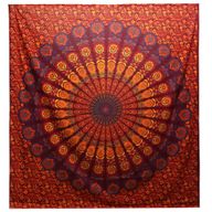 Colcha Doble de Algodón + Colgante de Pared - Mandala Pavo Real - Granate