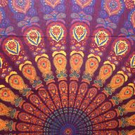 Colcha Doble de Algodón + Colgante de Pared - Mandala Pavo Real - Granate