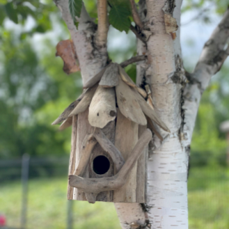 Comederos y refugios para pájaros, abejas e insectos.