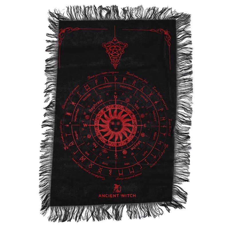 Tela de Adivinación con Péndulo de Bruja Antigua - Rostro del Sol - Negro y Rojo Sangriento