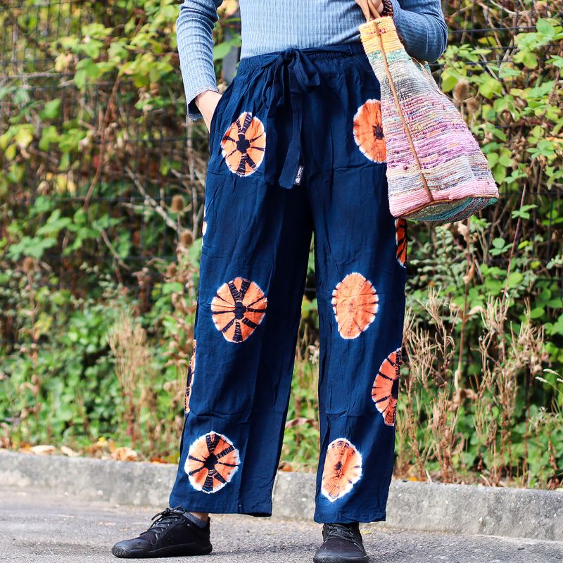 Pantalones de estilo japonés para estar en casa - azul y naranja - M