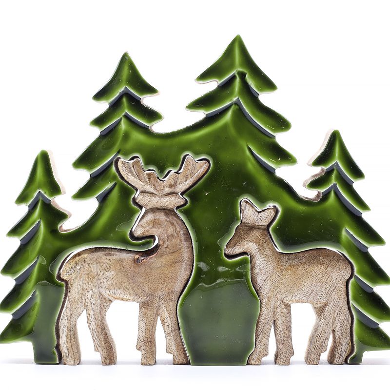 Perdido en el bosque - Dos ciervos en el bosque  Decoración de madera 3D - 18x23cm