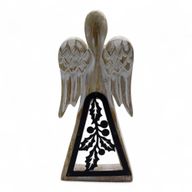 Ángel de madera de mango - acabado lavado blanco con recorte decorativo de hierro