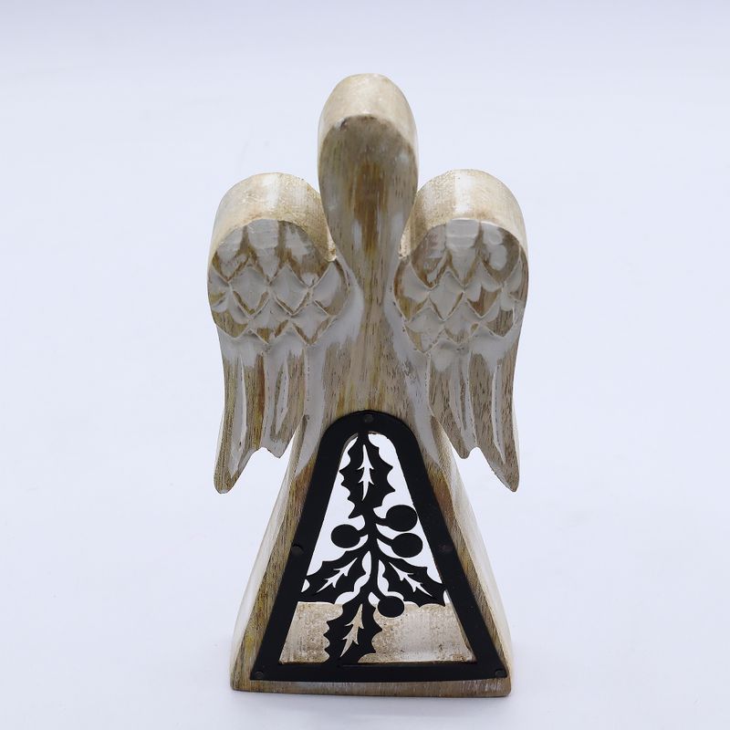 Ángel de madera de mango - acabado lavado blanco con recorte decorativo de hierro