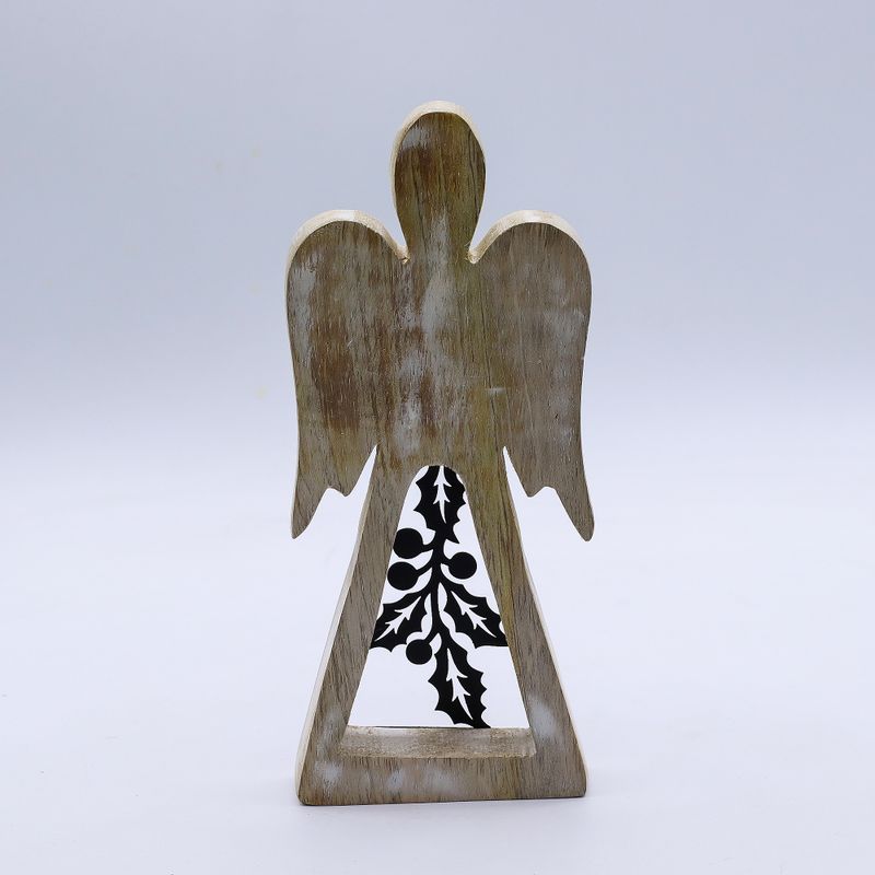 Ángel de madera de mango - acabado lavado blanco con recorte decorativo de hierro