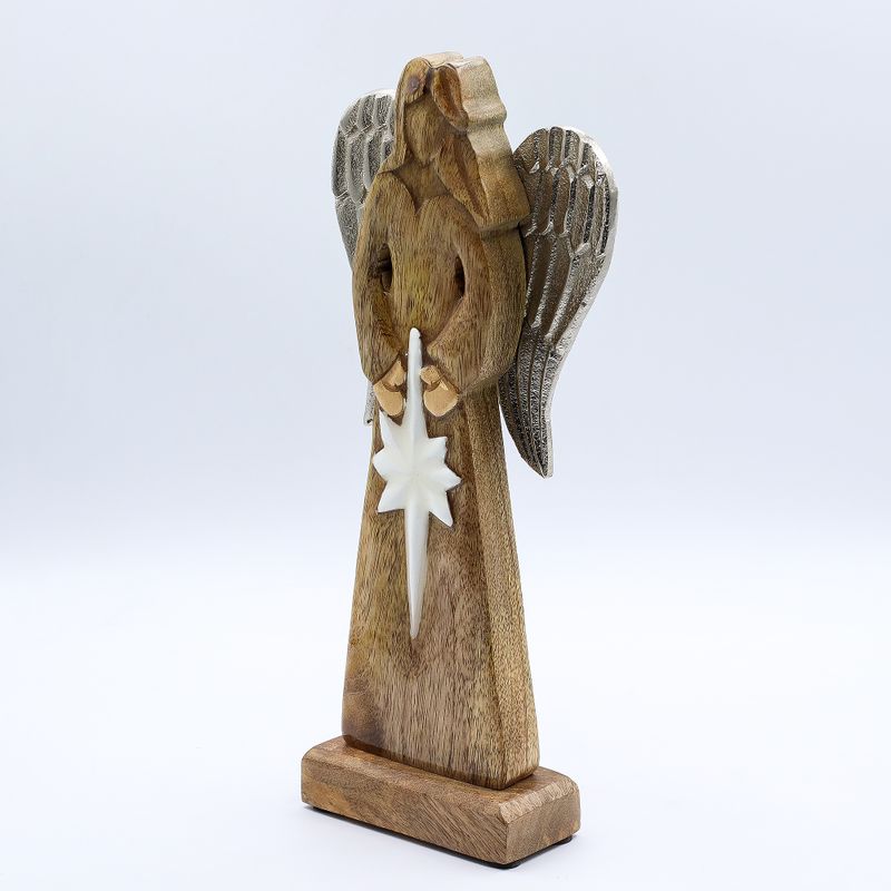 Gran Ángel de la Paz de Madera de Mango, Alas de Metal y Detalle de Esmalte
