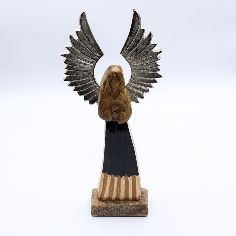 Ángel guardián de madera de mango grande, alas de metal y detalle esmaltado