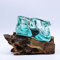 Cenicero grueso de vidrio fundido / Portavelas en madera 23 cm
