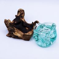 Cenicero grueso de vidrio fundido / Portavelas en madera 23 cm