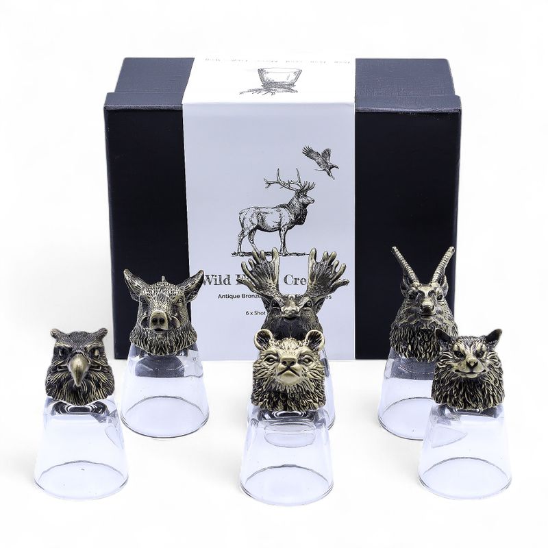 Conjunto regalo de 6 vasos de chupito (50 ml) - Criaturas Salvajes del Bosque - Bronce antiguo