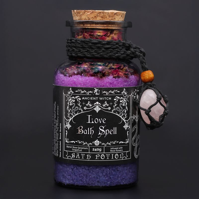 Antiguo hechizo de baño de bruja, poción y amuleto de cristal de cuarzo rosa - Amor
