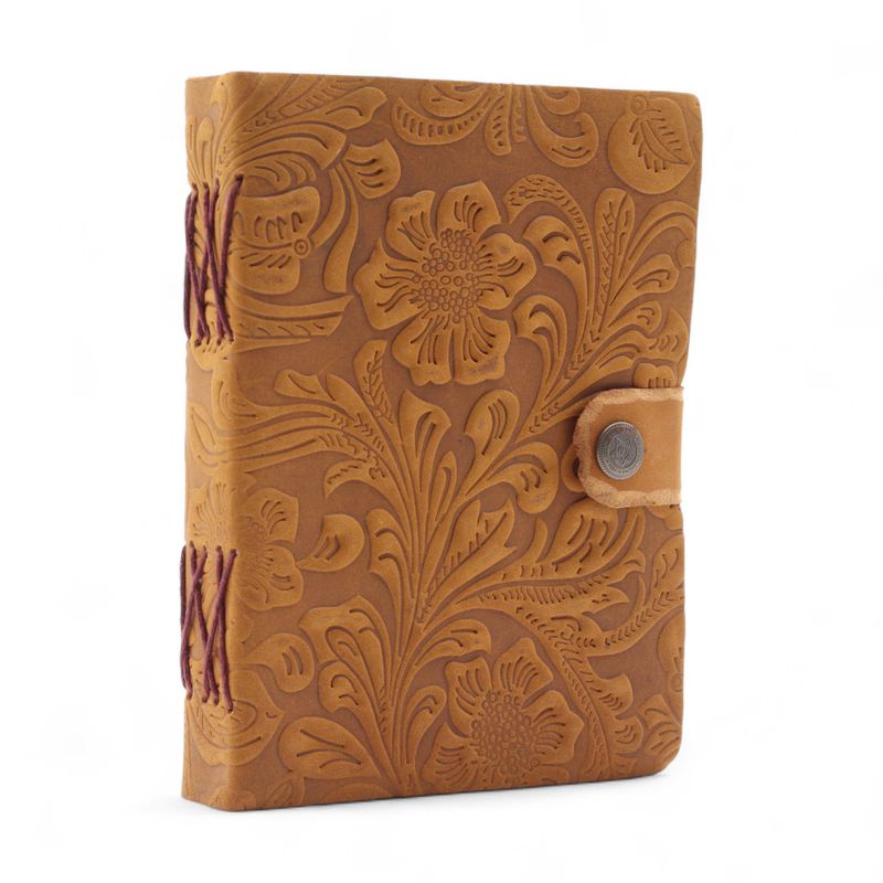 Cuaderno de cuero con relieve – Patrón floral en tono beige –  17.8×12.7 cm